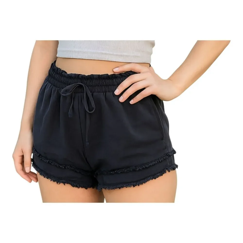 Day + Moon Shorts Black Distressed Hem Pockets Pull On Relaxed L